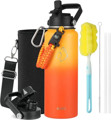 Vista 15 de BUZIO Botella de agua de 32 onzas aislada con popote y 3 tapas y bolsa de transporte, a prueba de fugas, frasco jarra de agua de acero inoxidable