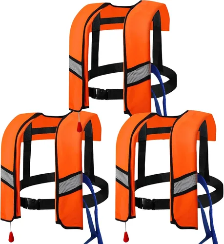 Vista 8 de Paquete de 3 chalecos salvavidas inflables automáticos 150N – Chaleco de natación de nailon ajustable con inflado de CO2, tiras reflectantes y Negro
