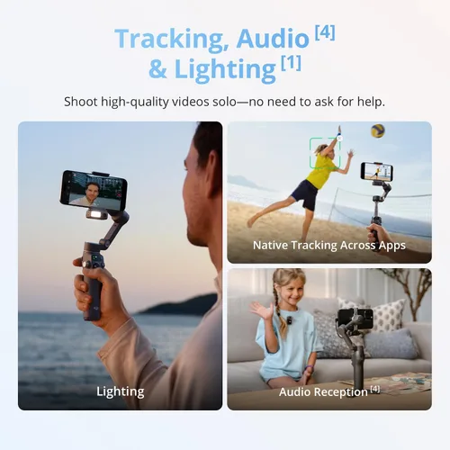 Vista 3 de DJI Osmo Mobile 8 Advanced Tracking Combo Gimbal Stabilizer para teléfono, seguimiento nativo de IA con audio e iluminación, rotación panorámica