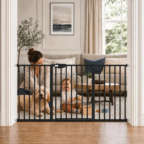 Vista 8 de WAOWAO Triple Lock 49.21-66.54 pulgadas, puerta para bebé extra ancha montada a presión, de paso con bisagra, cierre automático, seguridad de metal