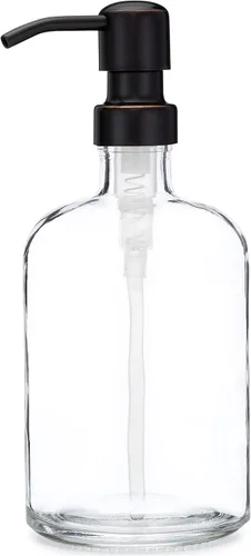 Vista 7 de Rail19 Dispensador de jabón de vidrio reciclado transparente con bomba de metal, loción, jabón líquido y aceite esencial para cocina y baño, 13.5