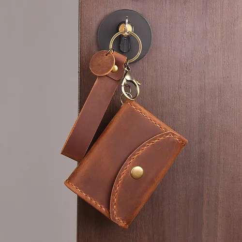 Vista 5 de Cartera de cuero genuino para tarjetas de crédito, organizador de tarjetas de crédito para mujeres y hombres, monedero pequeño llavero, Marrón