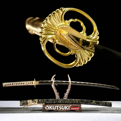 Vista 5 de Espada Katana de hoja nocturna dorada, 41 pulgadas, acero de alto carbono, parte superior afilada, hecha a mano, espada samurái japonesa espiga
