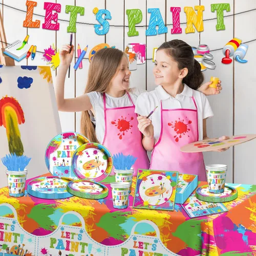 Vista 4 de Suministros para fiesta de pintura, juego de vajilla para fiesta de arte de 142 piezas incluye platos para fiesta de pintura y servilletas, manteles