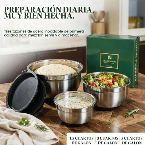 Vista 6 de Bellemain Juego de cuencos para mezclar con tapas, cuencos de acero inoxidable con tapas herméticas, recipientes de almacenamiento de alimentos