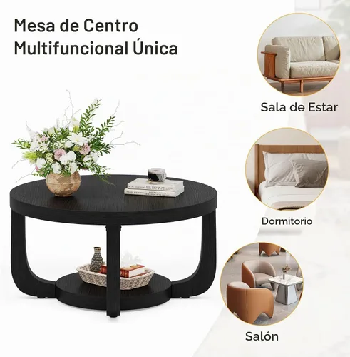 Vista 9 de Tribesigns - Mesa de café redonda, mesa de café circular de 2 niveles con almacenamiento, mesa auxiliar moderna de acento de madera para sala