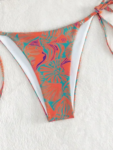 Vista 4 de Falainetee Traje de baño de cintura alta para mujer, estampado floral, triángulo, halter, conjunto de bikini de 2 piezas