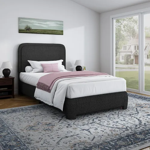 Vista 14 de Base de cama individual, cabecera Cloud Boucle, esquinas redondeadas, color beige
