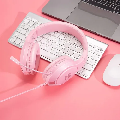 Vista 2 de Auriculares de juego rosas para Nintendo Switch, Xbox One, PS4, PS5, sonido envolvente de graves y cancelación de ruido con micrófono flexible