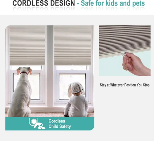 Vista 4 de Changshade Persianas Celulares Opacas, Persianas de Panal para Ventanas sin Cordón con Rieles de Aleación de Aluminio, Tela de Color Combinado