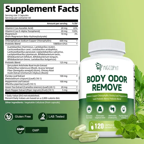 Vista 8 de Suplemento desodorizante corporal de clorofila con 10 mil millones de UFC probióticos, vitamina C y E, perejil, menta, té verde, prebióticos