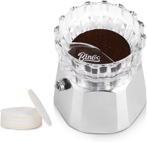 Vista 8 de Bincoo Moka - Dispensador de ollas con 100 piezas de papel de filtro, relleno de polvo giratorio, taza receptora de polvo, embudo, accesorios