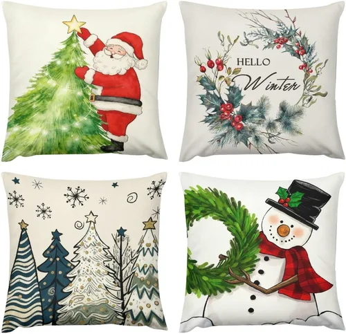 Vista 22 de Juego de 4 fundas de almohada decorativas de árbol de Navidad con estampado de ambos lados, 16 x 16 pulgadas, fundas de almohada de bosque