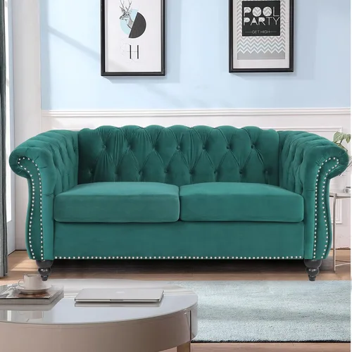 Vista 14 de LEVNARY Sillón Chesterfield de Terciopelo, Sillón Individual de Estilo Moderno de Mediados del Siglo con Respaldo de Botones y Decoración con Beige
