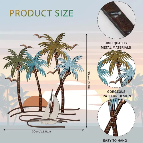 Vista 2 de Shimeyao Arte de pared de metal costero, arte de pared de metal con palmera, decoración de playa al aire libre, baño, esculturas de árbol tropical