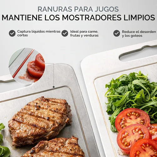 Vista 6 de Tablas de cortar de acero inoxidable para cocina, tabla de cortar de acero inoxidable con ranuras para jugo, doble cara, paquete de 3 tamaños