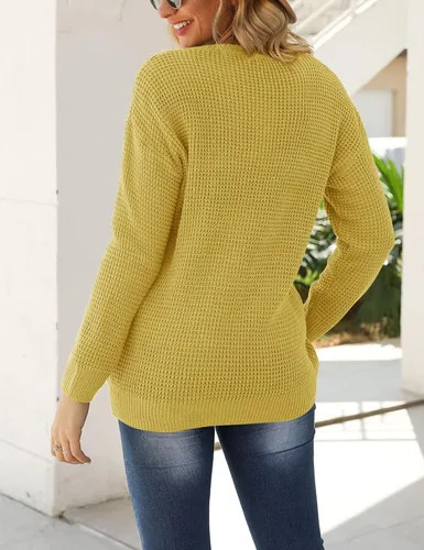 Vista 4 de MEROKEETY suéter de punto de manga larga para mujer, cuello redondo, color sólido