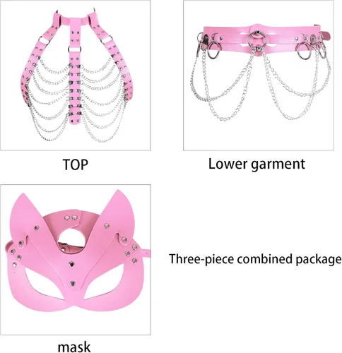 Vista 2 de Conjunto de 3 piezas de arnés de cuero para mujer, máscara de zorro, cadena de pecho, liguero, conjunto de ropa interior de Halloween