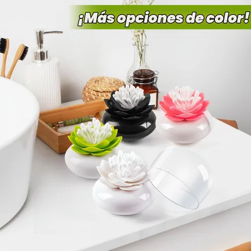 Vista 9 de Bloss - Juego de recipientes para bastoncillos de algodón con forma de flor de loto. Caja pequeña para palillos de dientes QTips. Decoración floral