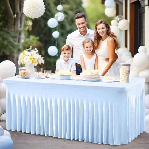 Vista 4 de Paquete de 2 manteles color azul bebé para mesa rectangular de 4 pies, manteles de elastano elásticos de 4 pies, falda blanca rectangular para baby