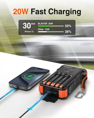 Vista 3 de BLAVOR Cargador solar de 20000 mAh integrado 4 cables, batería externa de carga rápida de 20 W con USB C, luz de campamento, linterna, batería