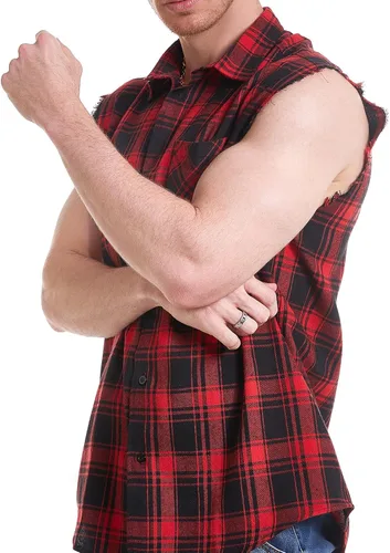 Vista 5 de Camisa sin mangas a cuadros para hombre, camisas vaqueras con botones