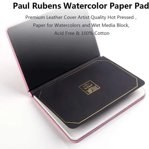Vista 4 de Paul Rubens Bloque de papel para acuarela, cubierta de cuero premium de calidad artística, papel prensado en caliente para acuarelas y medios Bloque