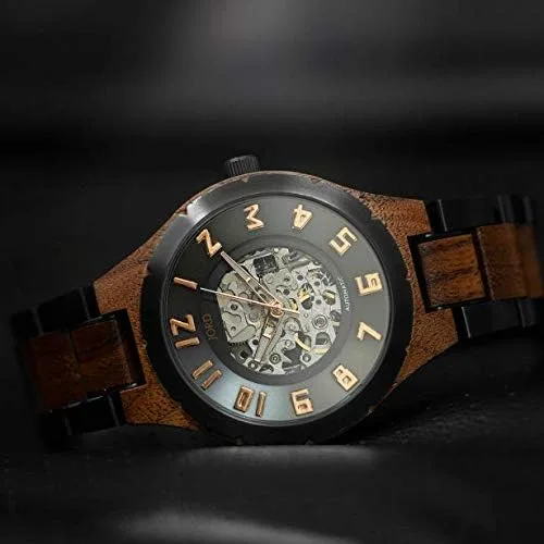 Vista 5 de Jord Edición limitada Dover II Series - Correa de reloj de esqueleto automático madera y acero inoxidable movimiento de bobinado automático incluye
