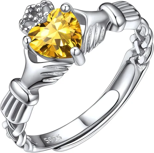Vista 16 de ChicSilver Anillo de promesa de plata de ley 925 con nudo celta/corazón Claddagh en forma de corazón con piedra natal para mujer