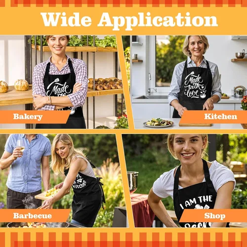 Vista 7 de Paquete de 3 divertidos delantales de cocina para mujeres y hombres, delantales de cocina negros a prueba de aceite con bolsillos ajustables, regalo