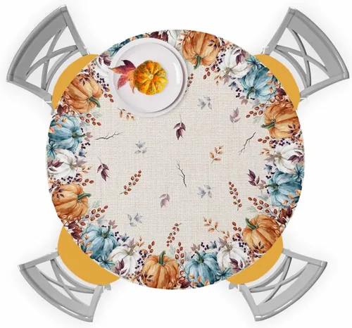 Vista 8 de Mantel ajustado para mesa redonda, mantel de otoño con hojas de otoño y calabaza de Acción de Gracias con borde elástico, mantel impermeable de Beige
