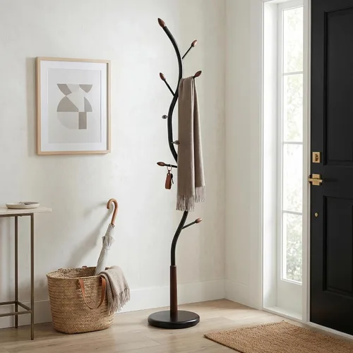Vista 2 de Roundhill Furniture Perchero de pie de metal Arles, color negro y nogal