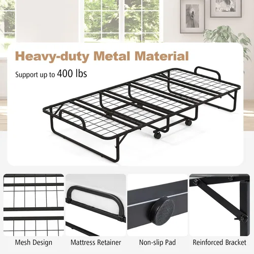 Vista 5 de GOFLAME Cama plegable con colchón de espuma viscoelástica, cama de invitados de tamaño individual con marco de metal resistente, cama plegable