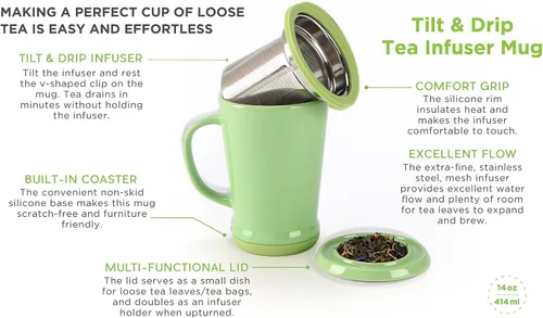 Vista 3 de casaWare Tilt and Drip - Taza de cerámica con infusor de té, 14 onzas (verde matcha)