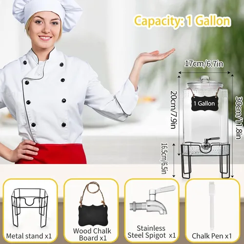 Vista 4 de Dispensador de bebidas, dispensadores de bebidas para fiestas, dispensador de bebidas de vidrio de 1 galón con soporte y tapa de vidrio, grifo 100%