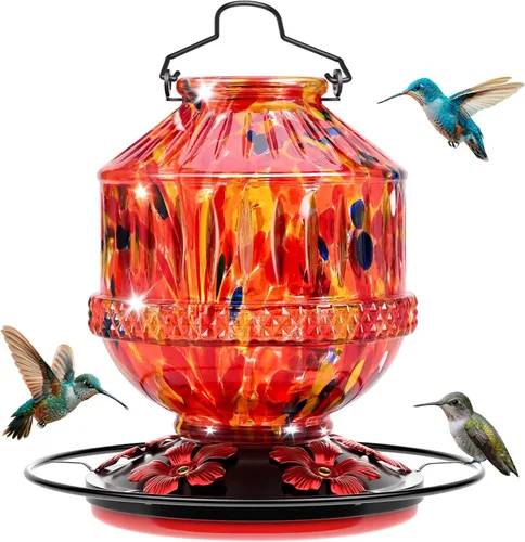 Vista 9 de Comedero de colibrí de vidrio soplado a mano para exteriores, 25 onzas, alimentador de néctar de aves silvestres con perca y 5 puertos