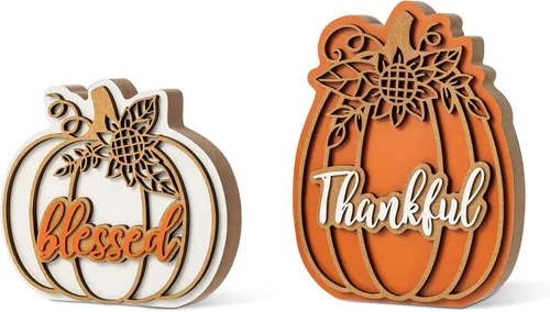 Vista 2 de Glitzhome Juego de 2 decoraciones de calabaza de madera de Acción de Gracias (6 pulgadas y 8 pulgadas de alto) – Decoración de mesa de granja