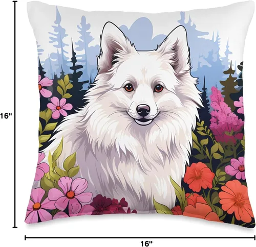 Vista 4 de American Eskimo Dog Gifts by J Lindo perro esquimal americano en primavera, prado de flores, arte de la naturaleza, 16 x 16 pulgadas, multicolor