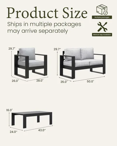 Vista 8 de LayinSun - Juego de muebles de patio de aluminio para exteriores de 4 piezas, sofá de conversación moderno de metal con mesa de café y cojines Negro