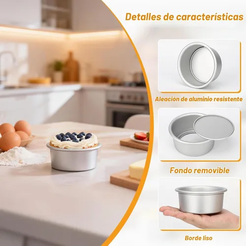 Vista 3 de Beasea Molde para pasteles de 4 pulgadas, paquete de 2 mini moldes redondos de aleación de aluminio con parte inferior extraíble, molde de lata