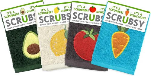 Vista 10 de MÜkitchen SCRUBSY 100% Cotton Kitchen Dish Cloth with Built in Scrubber Kit Various Designs and Super Absorbent Set of 4 (Avian)