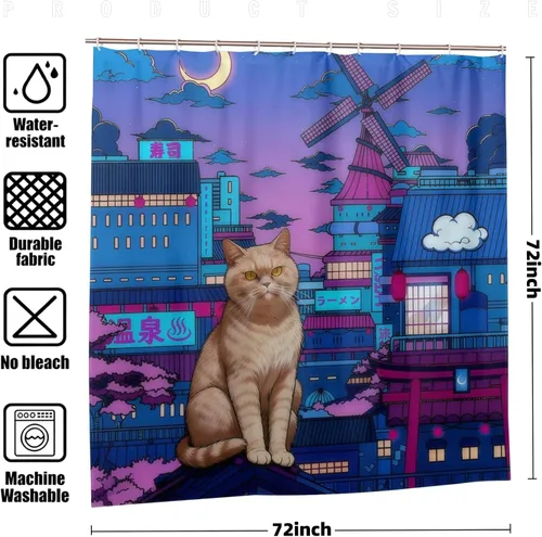 Vista 2 de Cortina de ducha de gato japonés neón de ciudad, impermeable, decoración Cyberpunk de poliéster para niños y adultos, se adapta a bañera, ducha