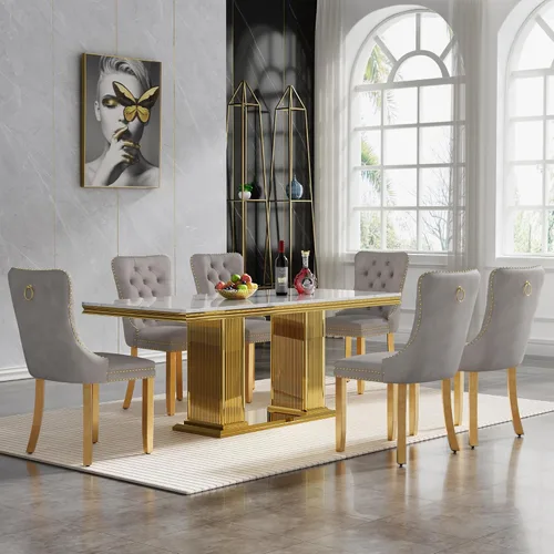 Vista 19 de HomVent Juego de mesa de comedor moderna de mármol sintético para 4 personas, mesa de cocina rectangular con 4 sillas beige (dorado)