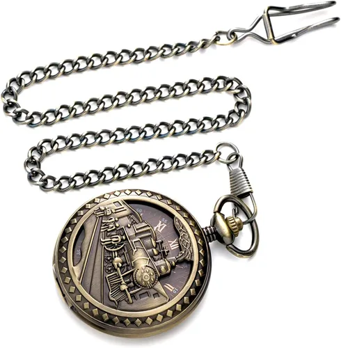Vista 4 de Carrie Hughes Reloj de bolsillo mecánico de tren de vapor vintage para hombre con cadena en caja CH108B, CH108B, retro, moda, casual, negocios