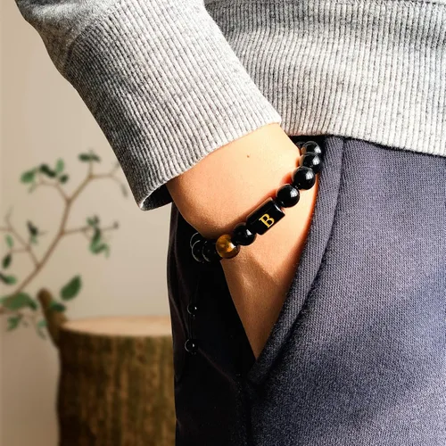 Vista 12 de SUMMER LOVE Regalos para el Día del Padre, pulsera con inicial de piedra de ónix negro de 0.394 pulgadas para hombres, pulsera de cuerda trenzada