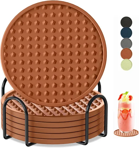 Vista 15 de Paquete de 6 posavasos para bebidas con soporte, tapete de silicona antideslizante, posavasos de goma vivos para bebidas calientes o frías, se