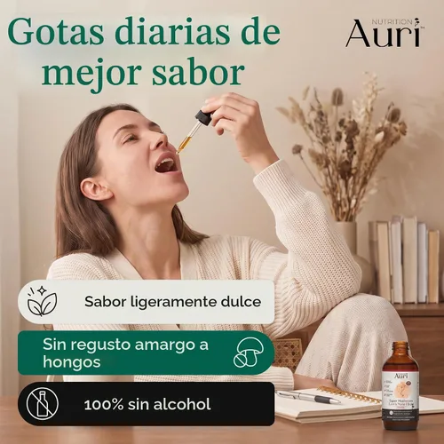 Vista 5 de Auri Elixir líquido de melena de león - Suplementos cerebrales para la memoria y la concentración con hongos funcionales - Suplemento de melena