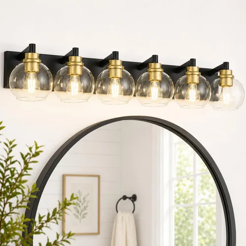 Vista 21 de Accesorios de iluminación de baño, luz de tocador mate negra de 2 luces, apliques de pared modernos con pantalla de globo de vidrio transparente