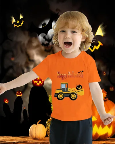 Vista 2 de CM-Kid Camisa de Halloween para niños pequeños, niñas, calabaza, fantasma, dinosaurio, camiseta de manga corta para niños, camisetas de algodón de 2
