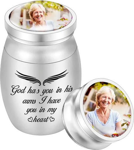 Vista 8 de God Has You in His Arms, I Have You in My Heart - Urna pequeña de recuerdo para cenizas, mini urna de cremación - Soporte para cenizas